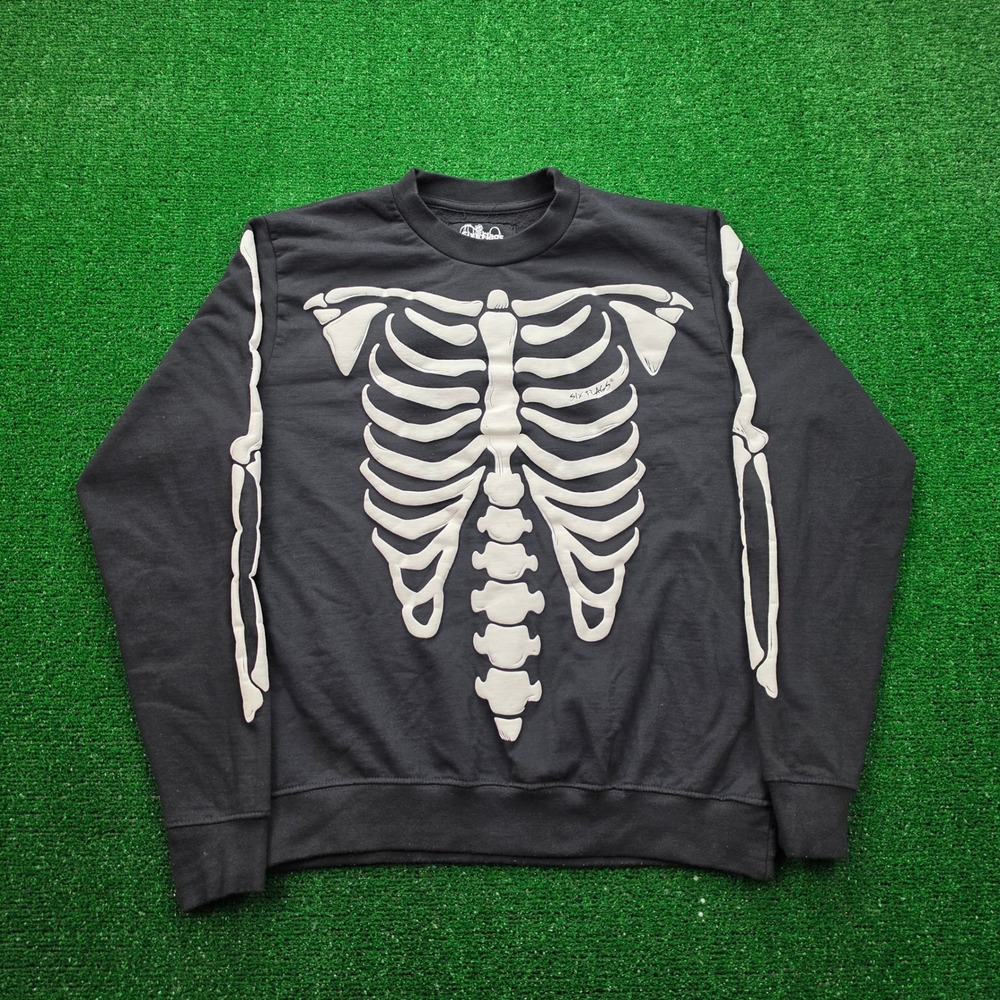 Six Flags Skeleton Sweatshirt Mens Medium Black Fright Fest Halloween‎ Rib Cage